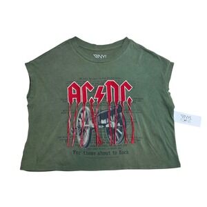 Vinyl Icons AC/DC Fringe Graphic Crop Top Army Green Small, Muscle Tee Embelish